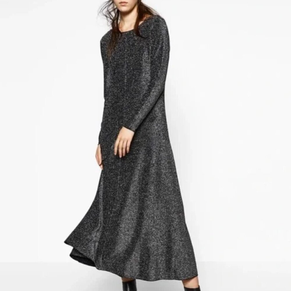 Zara Metallic Midi Dress Low Scoop Back Shimmer Small Long Sleeves New Years